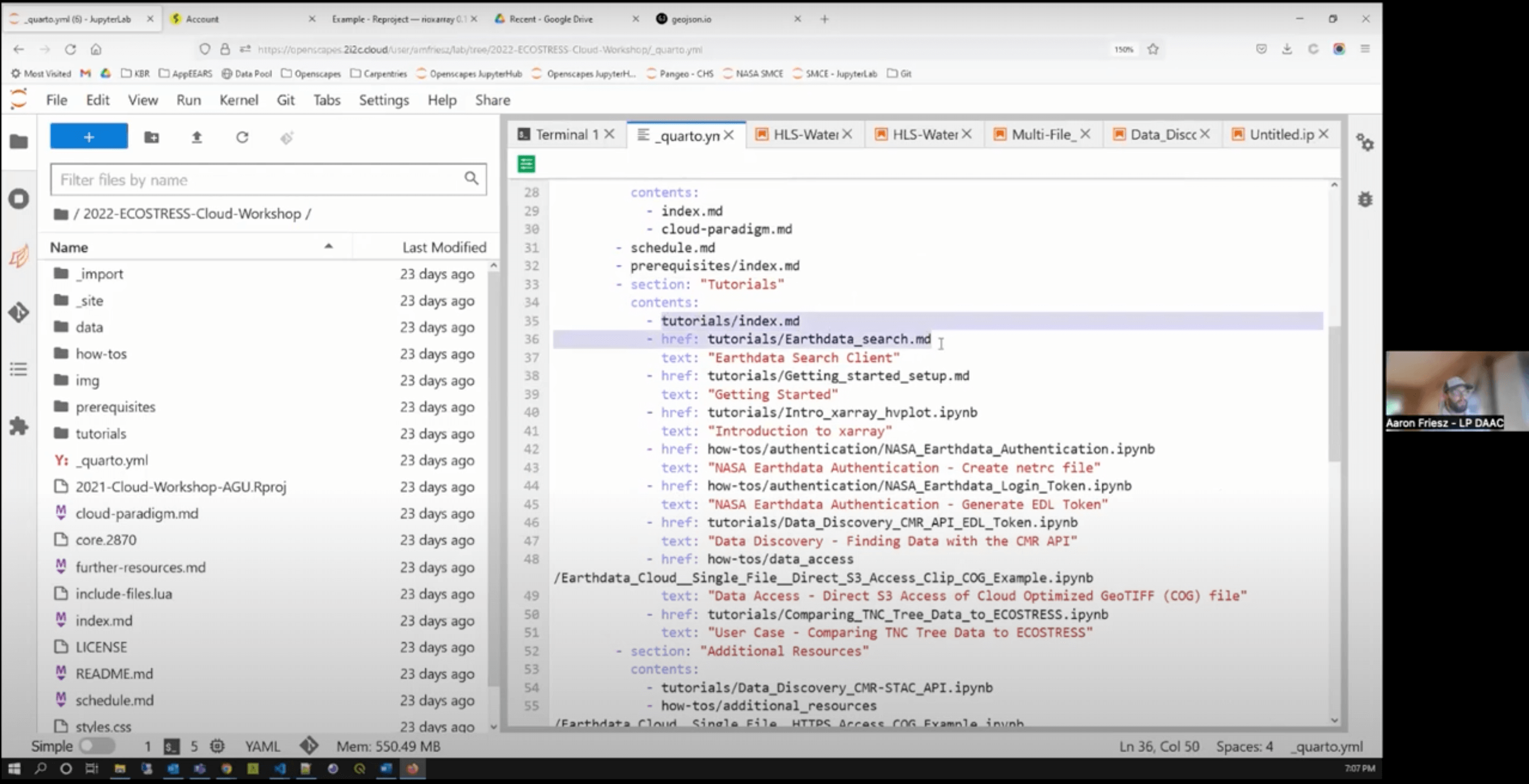 A screenshot of what it looks like to use Quarto with Jupyter Notebooks in the NASA Openscapes 2i2c JupyterHub. The left panel shows folder structure under the 2022-ECOSTRESS-Cloud-Workshop. The right panel shows contents of the _quarto.yml file